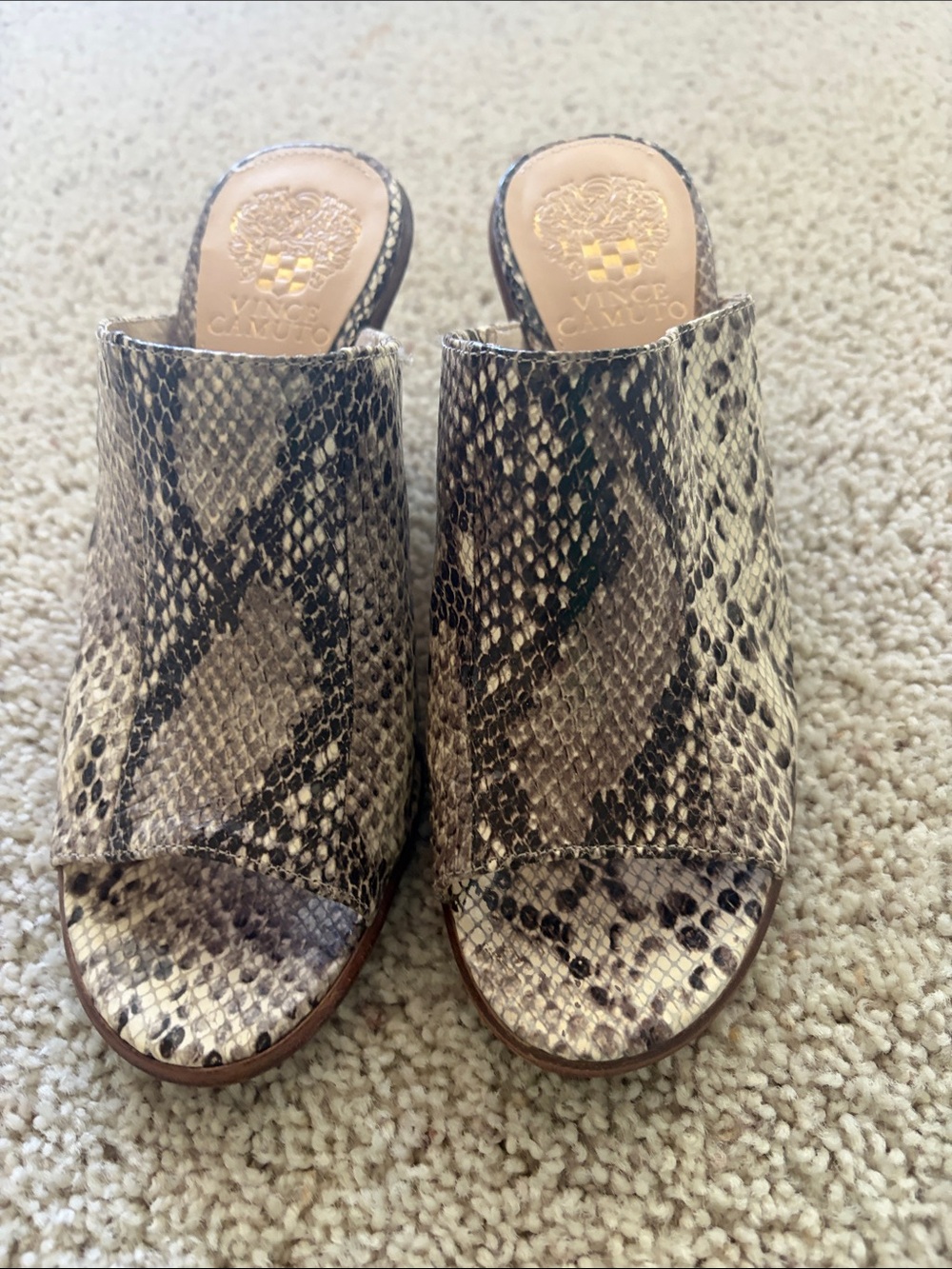 Vince Camuto Taupe Snake-Print Open-Toe Mule